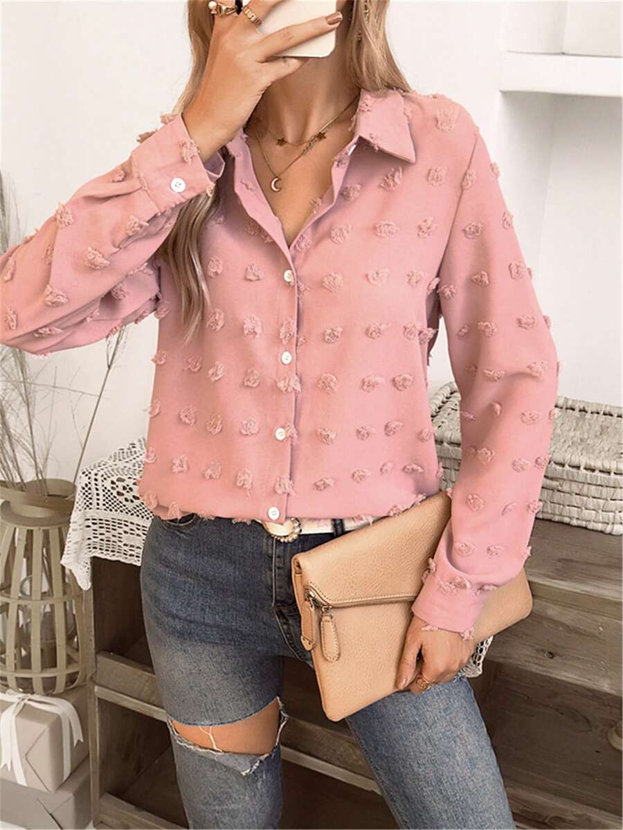 瑞士點實色優雅襯衫 - 粉色 - 查看 1