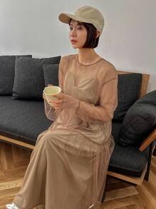 FRIFUL 女士網紗拼接連衣裙 - 卡其色 - 查看 1