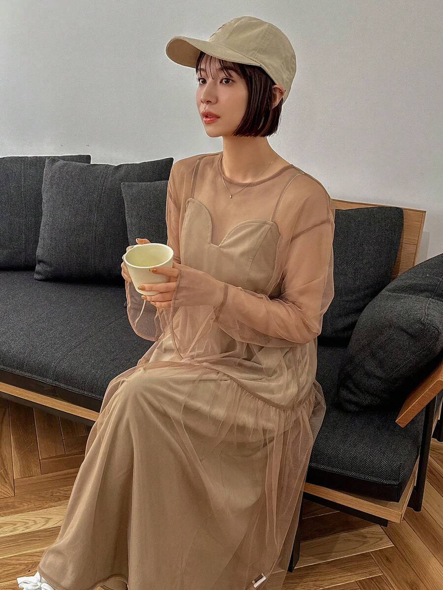 FRIFUL 女士網紗拼接連衣裙 - 卡其色 - 查看 1