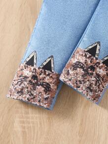 Elladie kids Young Girls Cute Cat & Smiling Face Print Denim-Effect T-Shirt & Pants 2Pcs Set, Suitable For Casual, Sports, Daily Wear In Summer - Multicolor - View 7