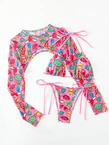 Women's Lips & Letter Printed Halter Neck Bikini Set Music Festival - Hot Pink - View 6