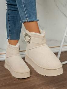 女式帶扣設計內墊毛滑冰鞋,圓頭粗底冬季雪地靴,米白色,適合日常穿著和通勤 - 米色 - 查看 4