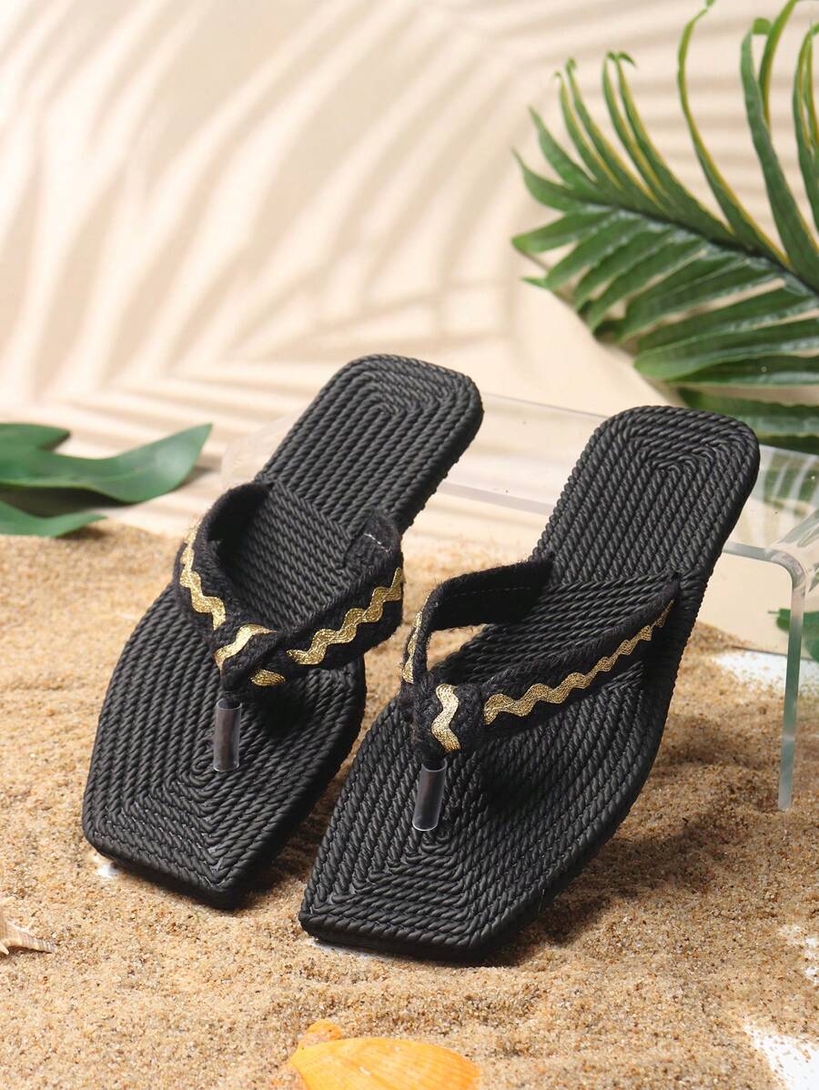 New Style Women Casual Comfortable Versatile Anti-Slip Durable Linen Flat Flip Flops, Bohemian Style Beach Slippers