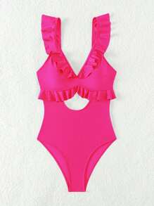 SHEIN Swim Summer Beach Ruffle Edge Trimmed Hollow Out One-Piece Swimsuit Valentine - Hot Pink - View 5