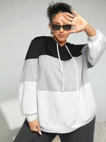 SHEIN CURVE+ 大码女式撞色抽绳卫衣 - 黑與白 - 查看 1
