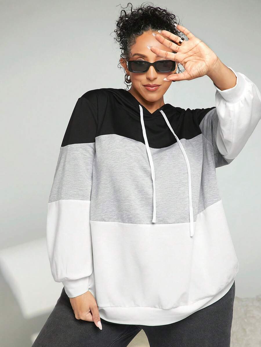 SHEIN CURVE+ 大码女式撞色抽绳卫衣 - 黑與白 - 查看 1