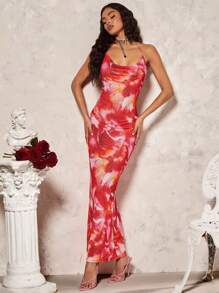 SHEIN BAE 浪漫情人節約會頸掛露背花卉印花優雅長裙女裝 - 彩色 - 查看 5