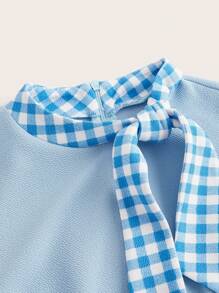 SHEIN DECDS Vintage Elegant New Year Women's Plaid Splicing Short Sleeve Dress With Bow Tie Collar And Umbrella Hem - Blue - View 10