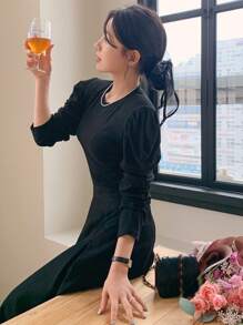 DAZY Solid Color Women's Short Sleeve T-Shirt With Leg-Of-Mutton Sleeves Long Sleeve Women Tops - Black - View 6