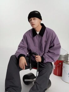 Men's American Style Vintage Streetwear Loose Fit Water Washed Utility Jacket With Turn-Down Collar - Purple - View 6