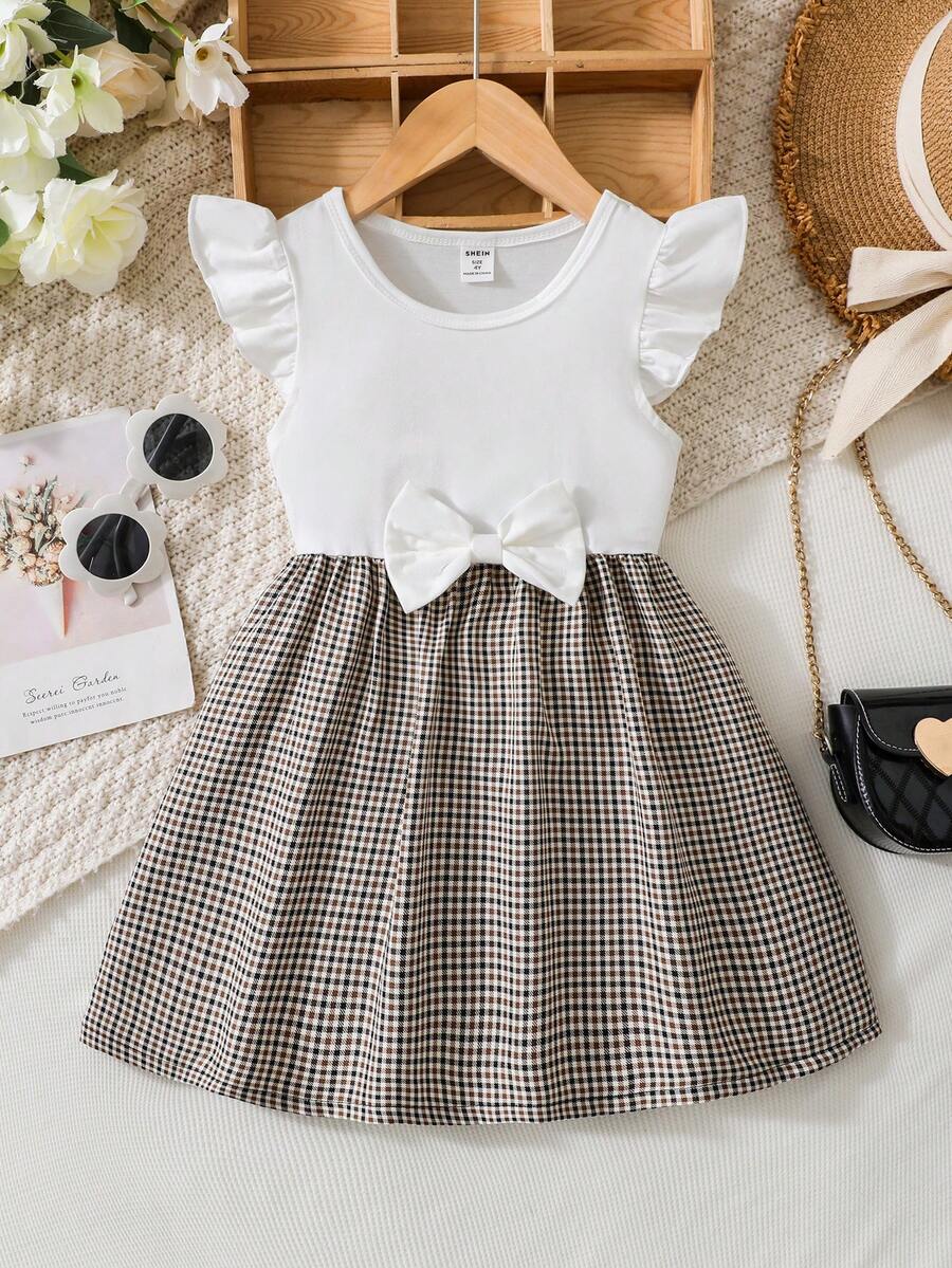 SHEIN Young Girls Plaid Patchwork Cap Sleeve Dress - Multicolor - View 1