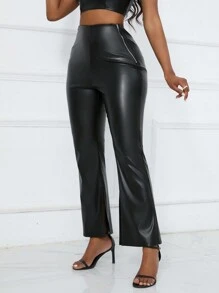 Zolique Black Side Split Pu Leather Slim Flared Pants - Black - View 6