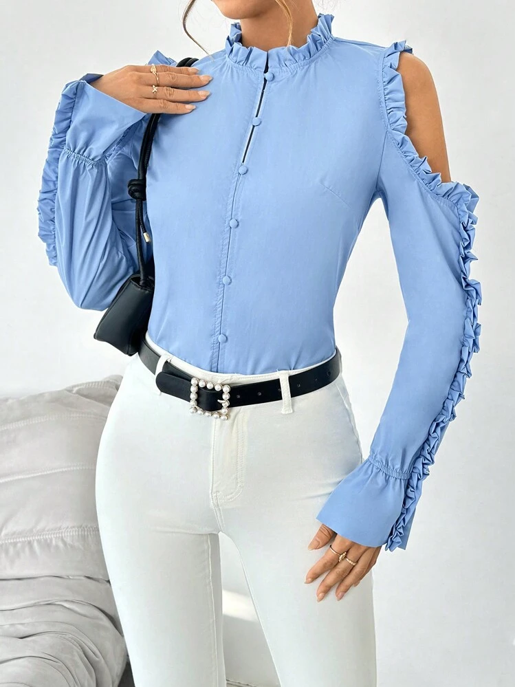 SHEIN Privé 鏤空細部荷葉邊立領襯衫 - 藍色 - 查看 6