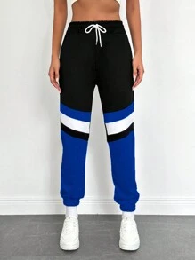 RueChic Calças de moletom com cordão e bloqueio de cores na cintura