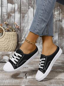 New Plus Size Black Canvas Slip-On Sneakers, Casual Students Sports Shoes, Flat Fashion Board Shoes, Versatile Lace-Up Small White Casual Sports Shoes (Shoes Run Small, Recommend Ordering One Size Up)