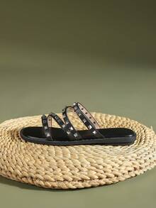 Women's Square Toe Flat Leather Sandals With Stud Detailing - Black - View 4