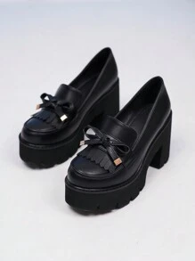 Zapatos de plataforma con tacón de cuña gruesa para mujer con lazo, impermeables, punta redonda y tacón ancho en color negro