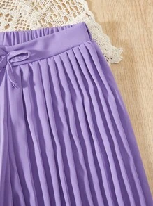 SHEIN Tween 女童純色百褶寬褲 - 紫色 - 查看 3
