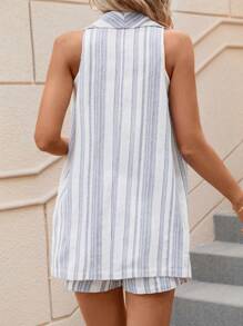 SHEIN LUNE 女士背心外套,綴有領巾口袋和條紋短褲兩件套裝 - 藍白色 - 查看 2