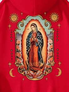 SHEIN EZwear Women's Hoodie With Virgin Mary Print - Red - View 3