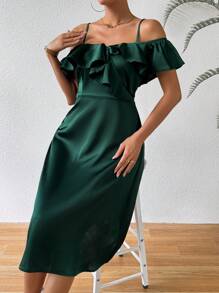 Chiquease 荷葉邊細肩帶連身裙 - 墨綠色 - 查看 4