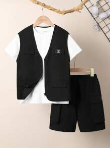 3 件/套 男生寬鬆休閒梭織實用背心、t 恤和短褲套裝 - 黑色 - 查看 1