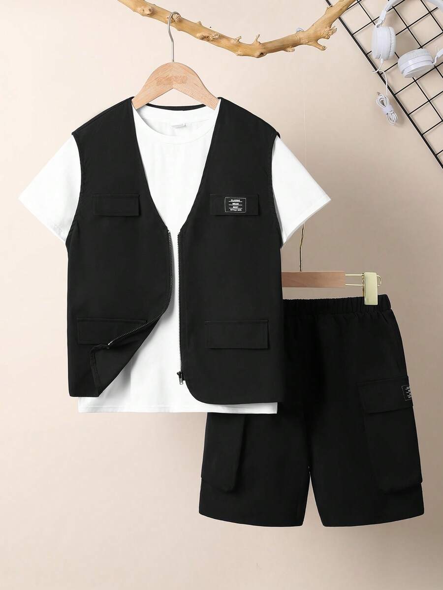 3 件/套 男生寬鬆休閒梭織實用背心、t 恤和短褲套裝 - 黑色 - 查看 1