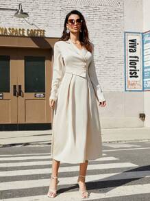 SHEIN Privé Solid Color Turn-Down Collar Long Sleeve Dress - Beige - View 5