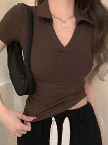 DAZY Women's Plain Ribbed Knit T-Shirt Summer - Brown - View 5