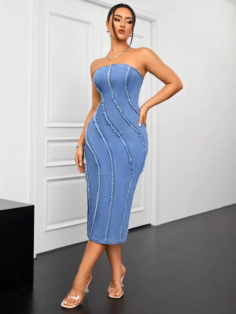 SHEIN ICON Frayed Strapless Denim Dress - Blue - View 1