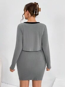 SHEIN Essnce Plus Size Spring Clothing New Casual Patchwork Contrasting Suspender Dress And Long-Sleeved Cardigan Women's Two-Piece Set - Grey - View 2