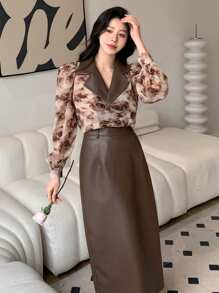 DAZY Của phụ nữ Tương phản Màu sắc In hoa Áo sơ mi Và Bộ váy - màu nâu - Xem 4