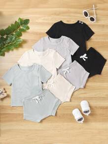 SHEIN 寶寶男寶4入組輕盈短袖T恤和短褲夏季套裝 - 彩色 - 查看 1