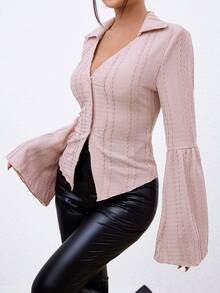 SHEIN Privé 女裝襯衫領波浪袖上衣 - 粉色 - 查看 5