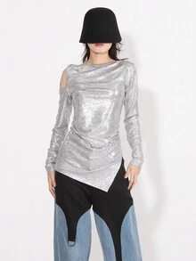 Skew Shoulder Twisted Asymmetrical Split Tops - Silver - View 1