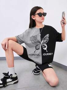 SHEIN T-shirt À Col Rond Et Manches Courtes Tricoté Avec Slogan De Style De Rue Pour Les Préadolescentes, Impression De Papillon, Patchwork, Printemps / Été - Noir - Voir 1