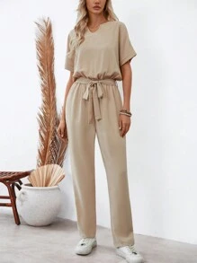 SHEIN LUNE Của phụ nữ Chải Cổ chữ V Batwing Ngắn tay Áo liền quần - Màu be - Xem 1