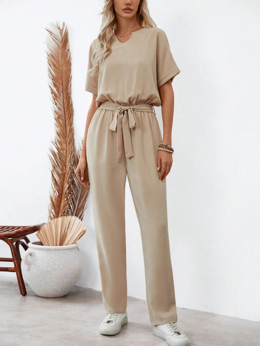 SHEIN LUNE Của phụ nữ Chải Cổ chữ V Batwing Ngắn tay Áo liền quần - Màu be - Xem 1