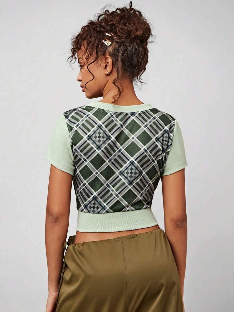 Contrast Grid V-Neck Women's T-Shirt