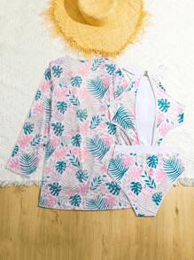 Teen Boys' Plant Pattern Printed Hollow Out Waist One Piece Swimsuit + Traditional Japanese Outfit - Multicolor - View 2