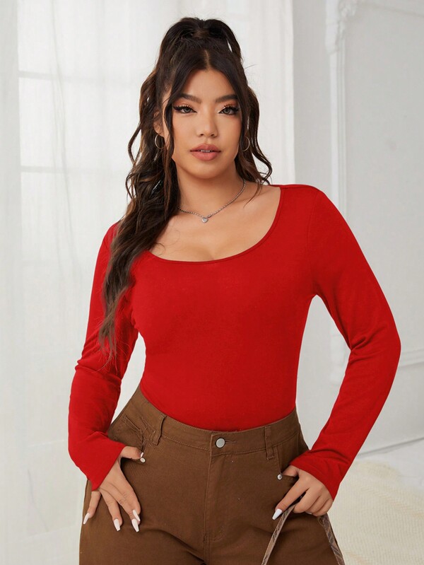 SHEIN EZwear Plus Size Solid Color Long Sleeve Knitted T-Shirt