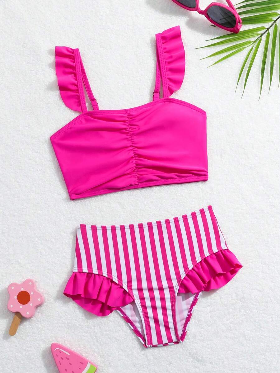 SHEIN Young Girl's Ruffled Hem Detailing Ruched Top And Striped Triangle Bottom Bikini Set Summer Beach - Pink - View 1