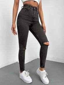 Cottnline Women'S Slim Fit Distressed Jeans - Dark Grey - View 6