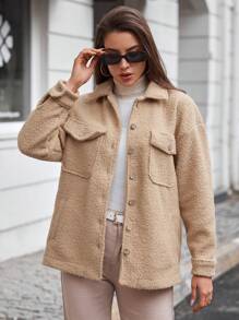 SHEIN Cottnline Flap Pocket Drop Shoulder Teddy Coat - Khaki - View 1