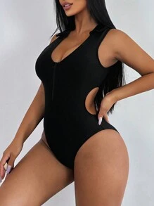 SHEIN Swim Women's One-Piece Swimsuit Carnival, For Summer Beach Vacation - Black - View 1