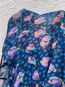 SHEIN Frenchy Blusa Con Scollo A V In Chiffon Con Stampa Floreale, Cintura E Maniche A Volant - Multicolore - Visualizzare 3