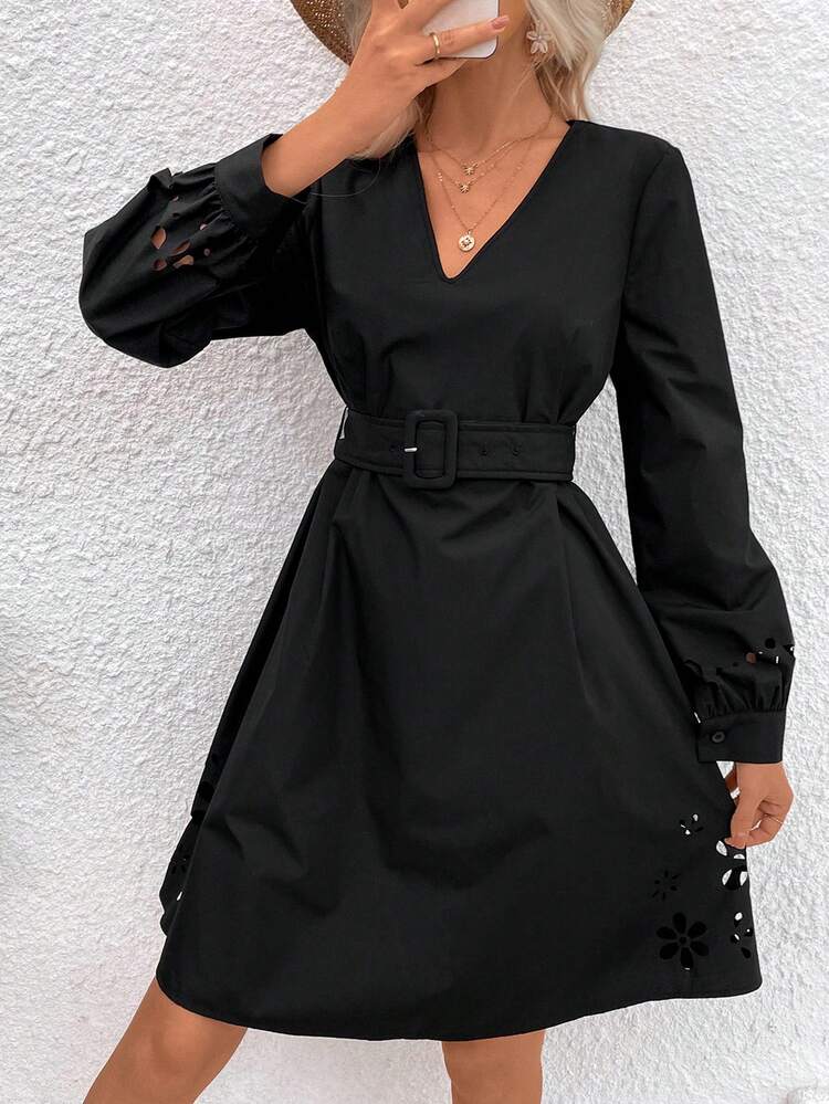 Floral Cut-Out V-Neck Long Sleeve Dress With Belt