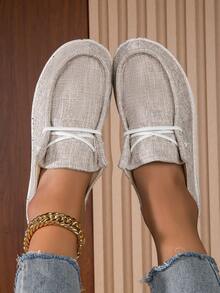 女式舒適透氣易穿梭運動鞋,米色休閒運動平底鞋 - 卡其色 - 查看 3