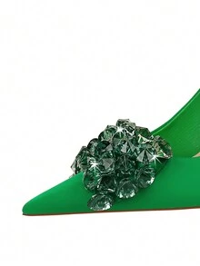 欧美风格宴会高跟鞋女鞋超高细跟丝缎低鞋面尖头高跟婚鞋 - 綠色 - 查看 6