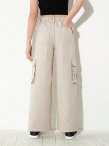 Tween Girls復古休閒時尚工裝直筒牛仔褲 - 卡其色 - 查看 2